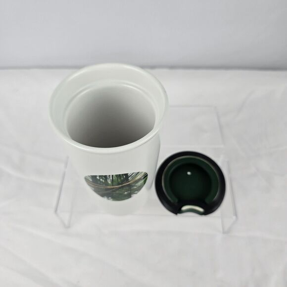 Starbucks 2014 Travel Mug Ceramic Lid White Strands Green Gold Circle Patch 12oz - Picture 3 of 9